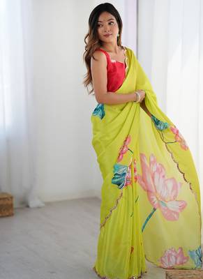 lemon yellow heavy chiffon mirror work saree 4
