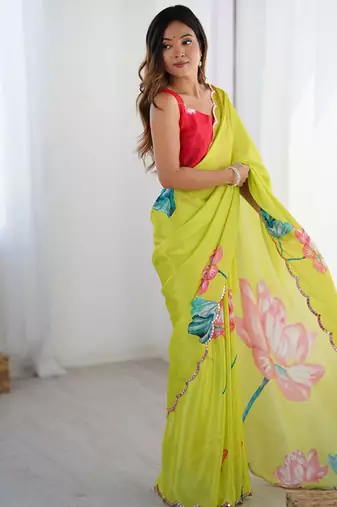 lemon yellow heavy chiffon mirror work saree