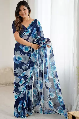 blue georgette mirror work saree