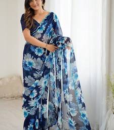 blue georgette mirror work saree