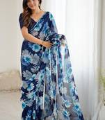 blue georgette mirror work saree