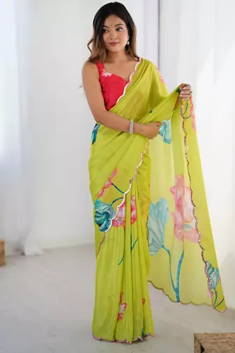 lemon yellow heavy chiffon mirror work saree