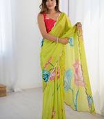 lemon yellow heavy chiffon mirror work saree