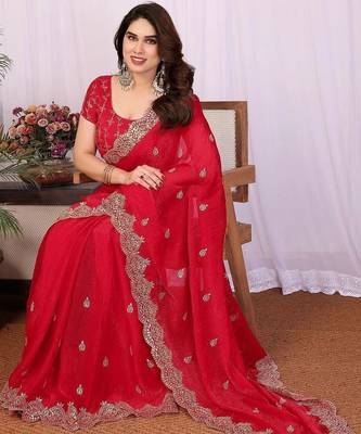 Red pure chiffon embellished saree with blouse 3