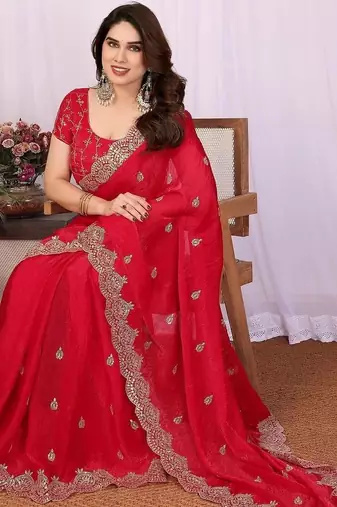 Red pure chiffon embellished saree with blouse