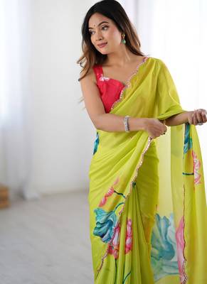 lemon yellow heavy chiffon mirror work saree 5