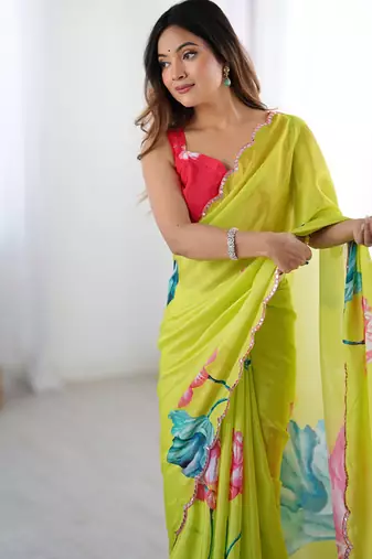 lemon yellow heavy chiffon mirror work saree