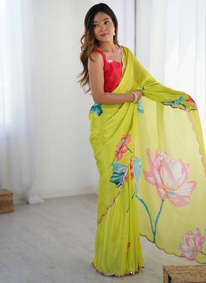 lemon yellow heavy chiffon mirror work saree 2