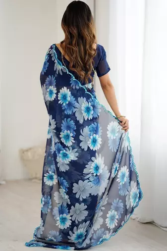 blue georgette mirror work saree