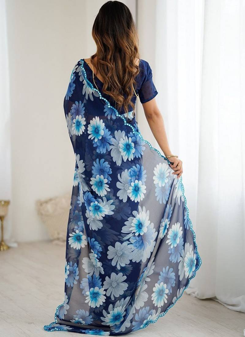 blue georgette mirror work saree