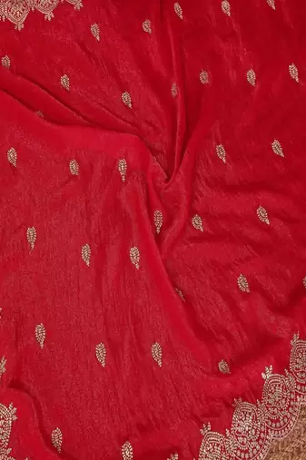 Red pure chiffon embellished saree with blouse