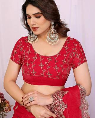Red pure chiffon embellished saree with blouse 5