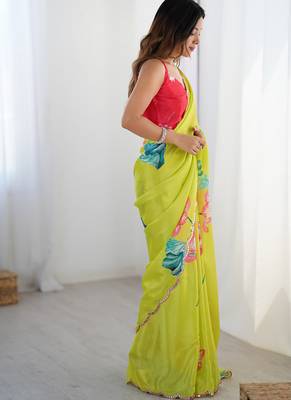 lemon yellow heavy chiffon mirror work saree 3
