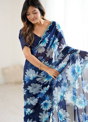 blue georgette mirror work saree 3