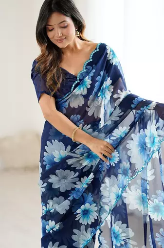 blue georgette mirror work saree