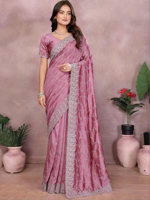 Purple silk blend embellished saree with blouse 1