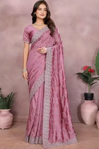 Purple silk blend embellished saree with blouse