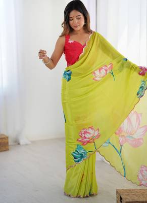 lemon yellow heavy chiffon mirror work saree 4