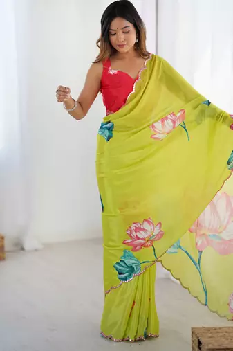 lemon yellow heavy chiffon mirror work saree
