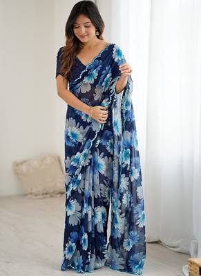blue georgette mirror work saree 4