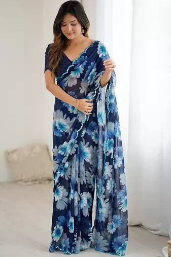 blue georgette mirror work saree