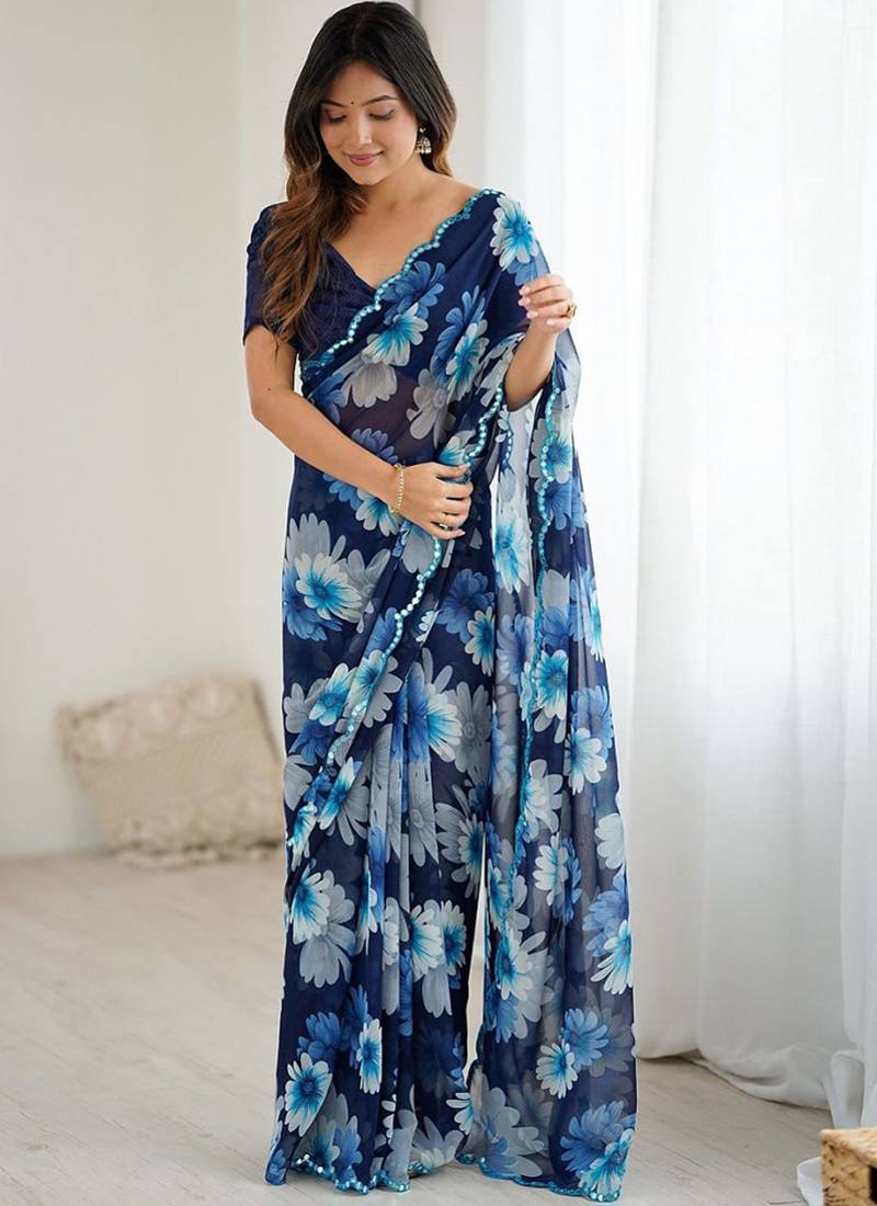 blue georgette mirror work saree