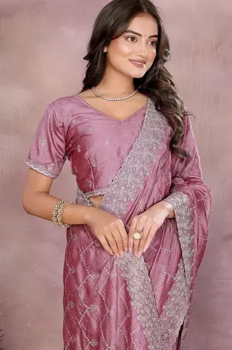 Purple silk blend embellished saree with blouse