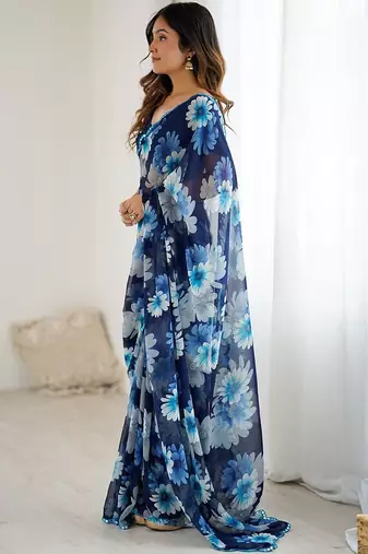 blue georgette mirror work saree