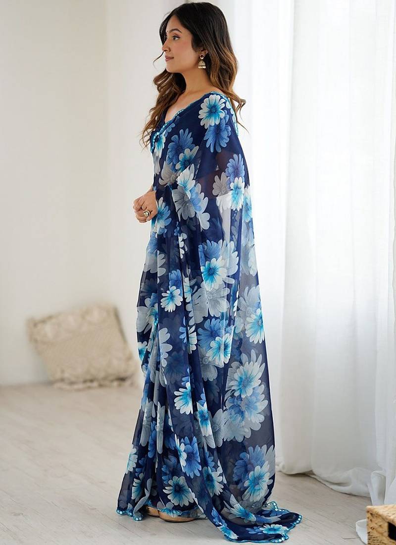 blue georgette mirror work saree