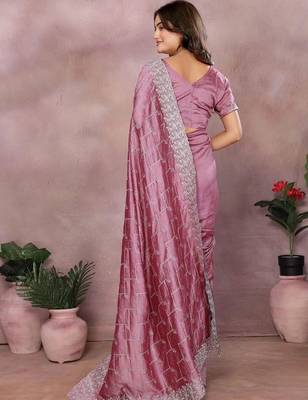 Purple silk blend embellished saree with blouse 3