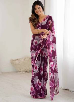 wine georgette mirror work saree 1