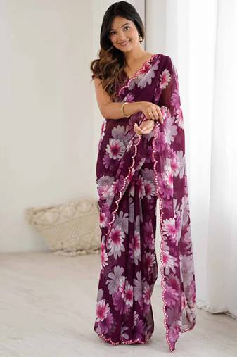 wine georgette mirror work saree