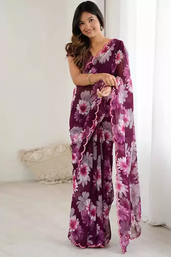 wine georgette mirror work saree