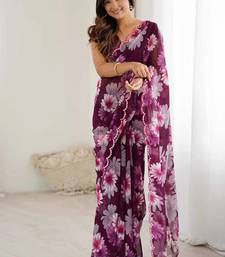 wine georgette mirror work saree