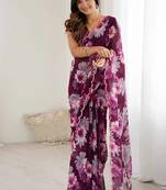 wine georgette mirror work saree