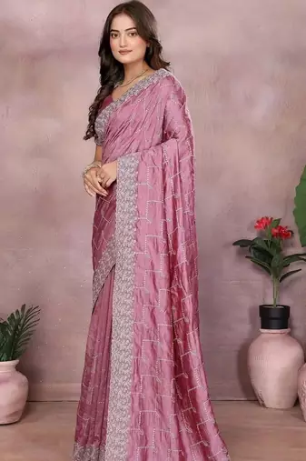 Purple silk blend embellished saree with blouse