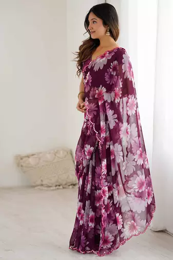 wine georgette mirror work saree