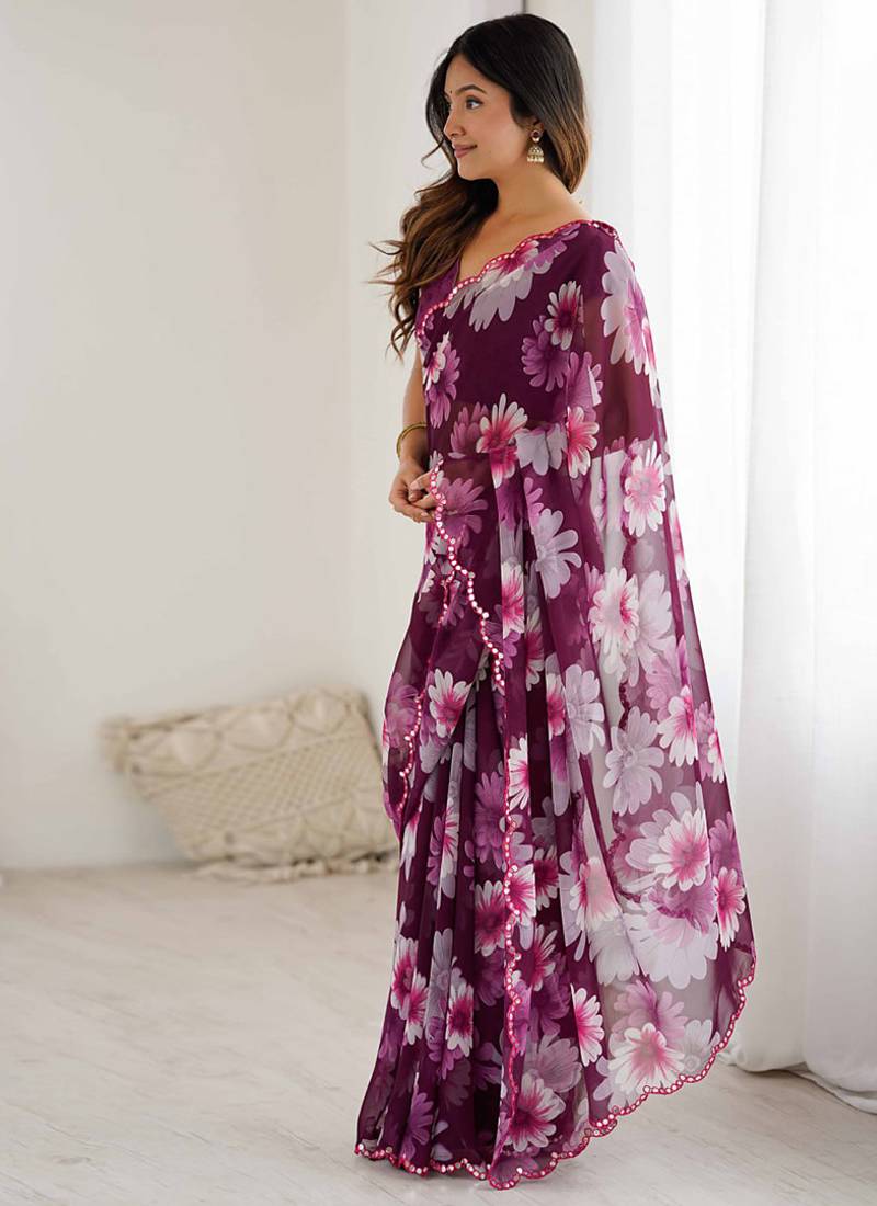 wine georgette mirror work saree