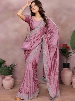 Purple silk blend embellished saree with blouse 5