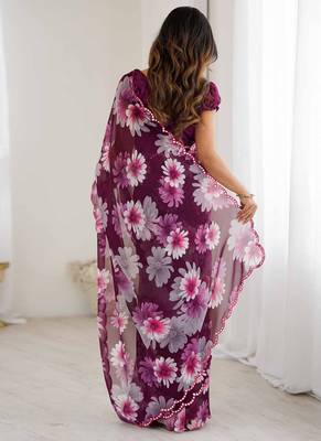 wine georgette mirror work saree 3