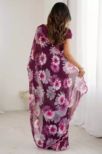 wine georgette mirror work saree