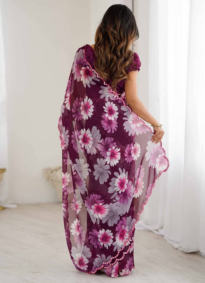wine georgette mirror work saree