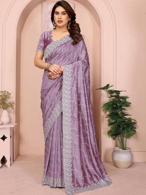 Purple silk blend embroidered saree with blouse 1