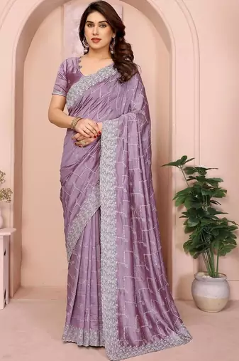 Purple silk blend embroidered saree with blouse