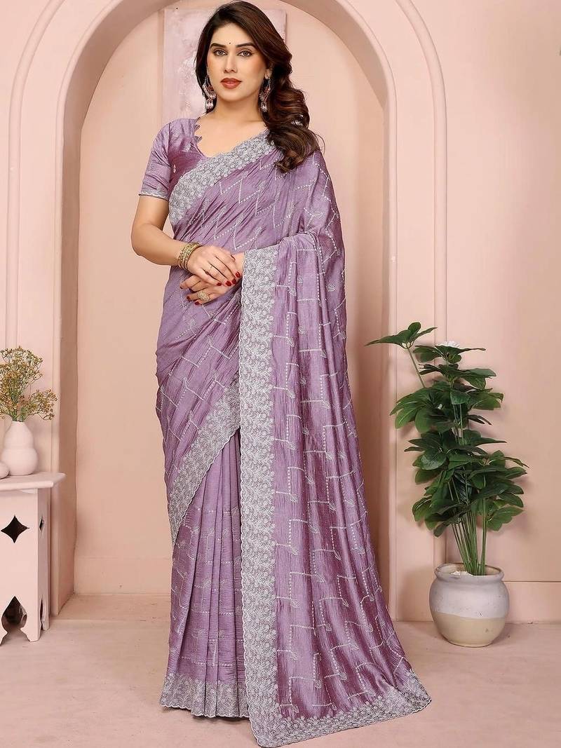 Purple silk blend embroidered saree with blouse