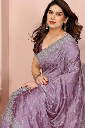 Purple silk blend embroidered saree with blouse