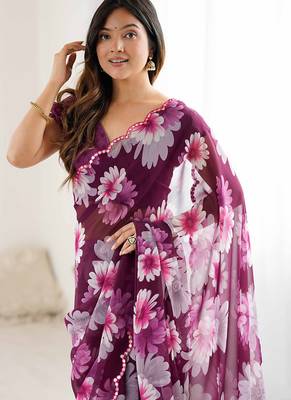 wine georgette mirror work saree 4