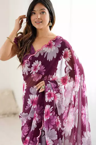 wine georgette mirror work saree