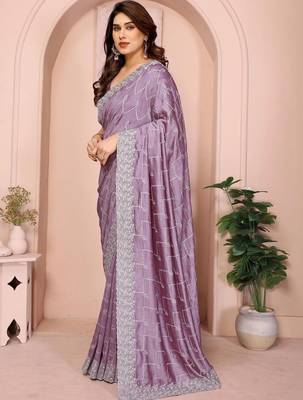 Purple silk blend embroidered saree with blouse 3