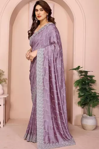 Purple silk blend embroidered saree with blouse